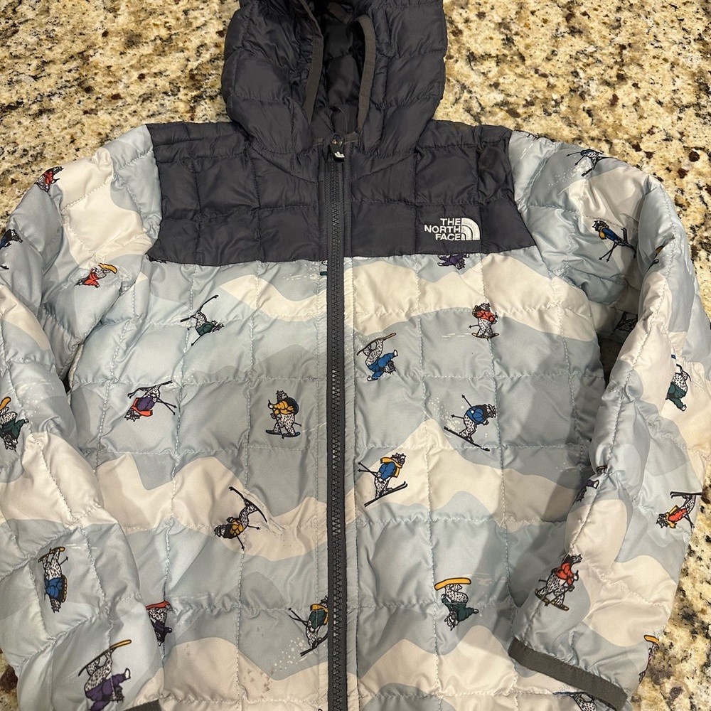 Boys North Face puffer jacket with hood. Blue and white in color. Size 6T.